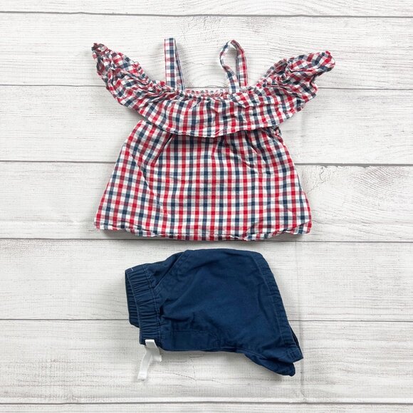 Way To Celebrate Other - Celebrate Kids Outfit Set Red Gingham Ruffle Top Navy Shorts Two-Piece Set 3T